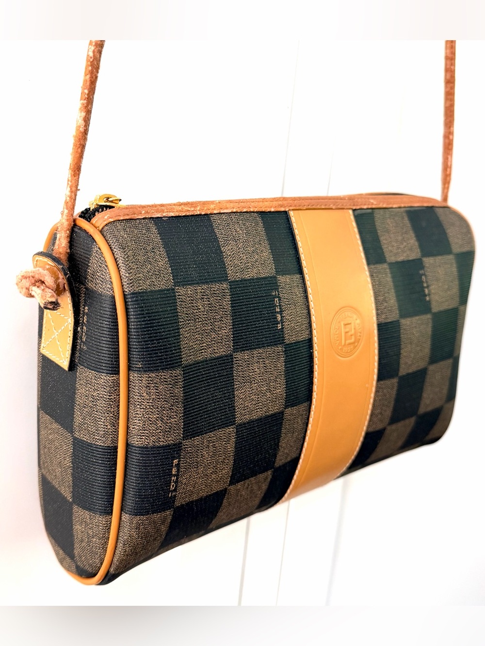 FENDI Vintage Pequin Check Camera Crossbody Bag Brown Black Italy - Picture 3 of 15